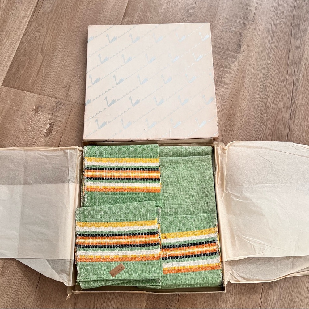 Mexican Cotton 33” Square Tablecloth & 4 Napkins 9.5” Vintage NIB Green & Orange